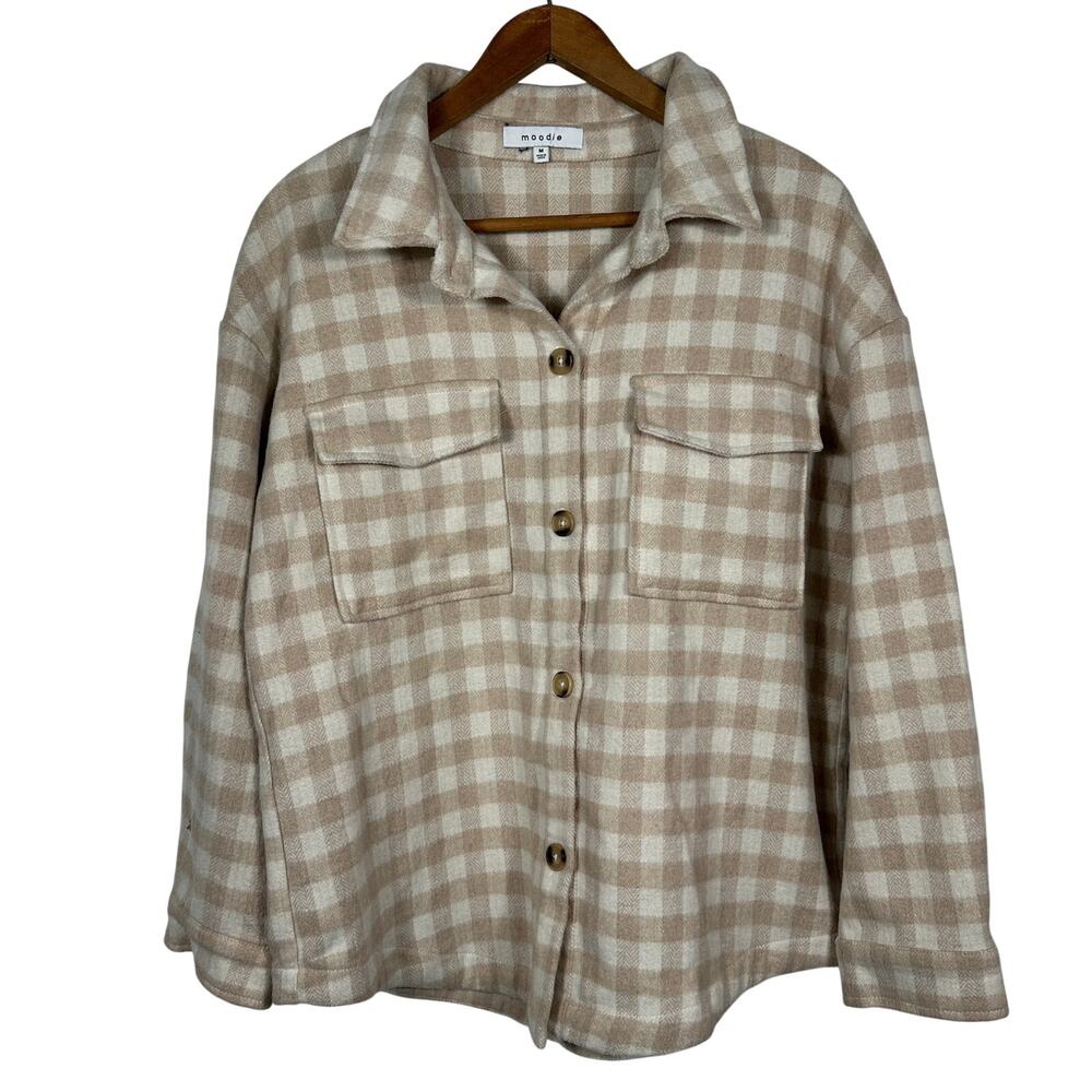 Moodie Womens M Beige Cream Plaid Wool Blend Shacket‎ Button Front Jacket